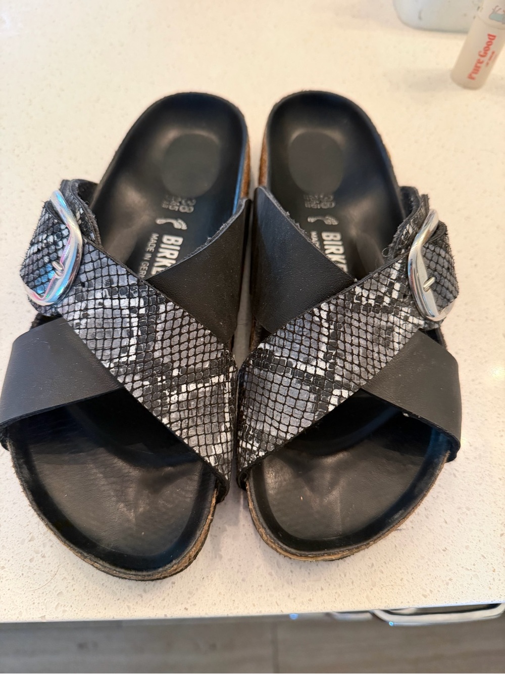 Birkenstock Women’s Black and Gray Snake-Print Crossover Slide Sandals